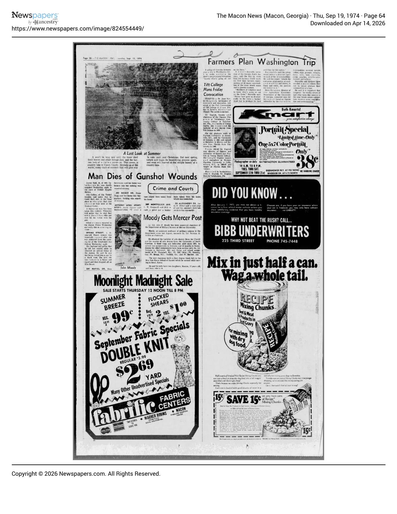 1974 Macon News page featuring John Fleetwood Moody