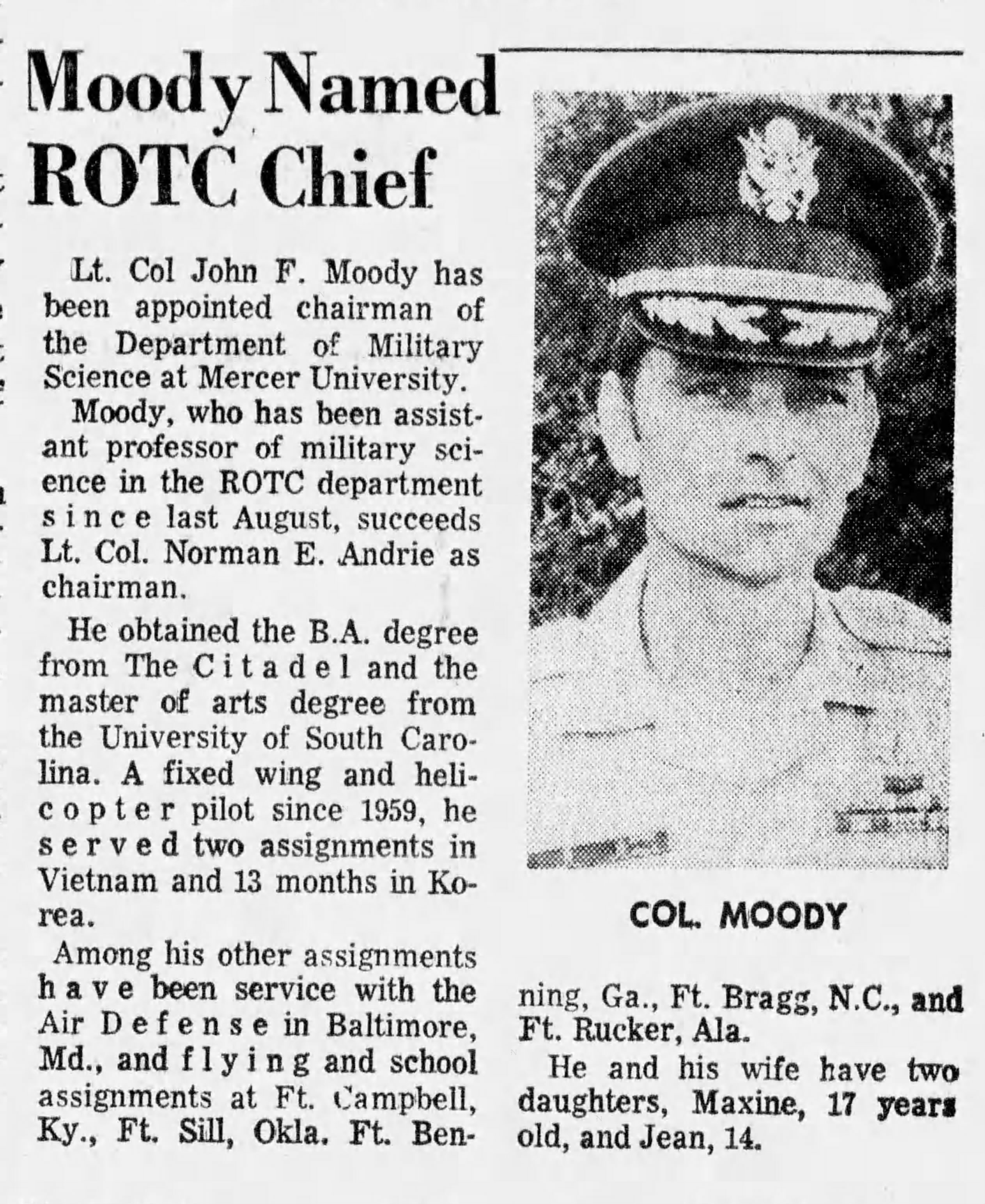 Macon Telegraph clipping about John Fleetwood Moody and Mercer University